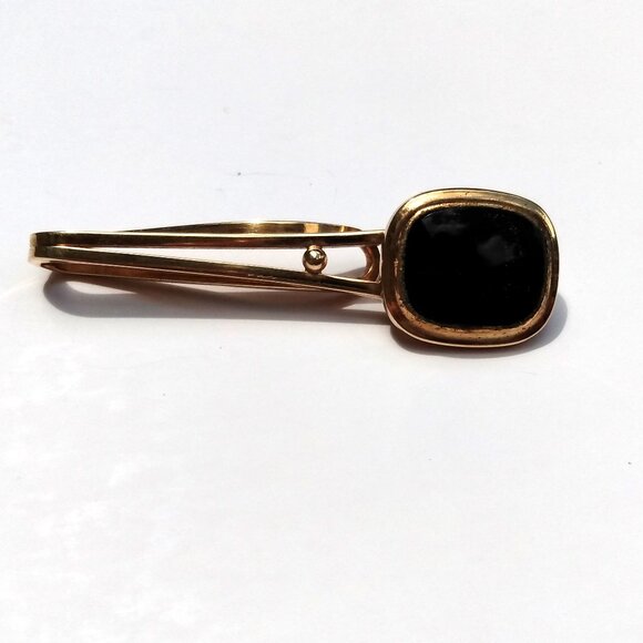 Vintage Tie Bar Clip Slide Gold Tone Black Sparkle Dapper - Picture 1 of 9